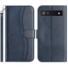 Per Google Pixel 6a Custodia per telefono in pelle a forma di S a doppia piega (blu navy)