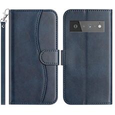 Per Google Pixel 6 Pro Custodia in pelle a forma di S a doppia piega (blu navy)