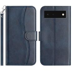 Per Google Pixel 6 Custodia in pelle a forma di S con doppia piegatura (blu navy)