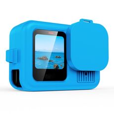 Per GoPro HERO13 Custodia protettiva in silicone nero con cinturino da polso e copriobiettivo (blu)