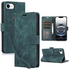 Per iPhone 16e Custodia per telefono in pelle goffrata con farfalla orchidea (verde)