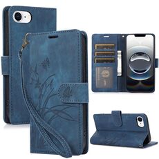 Per iPhone 16e Custodia per telefono in pelle goffrata con farfalla orchidea (blu)