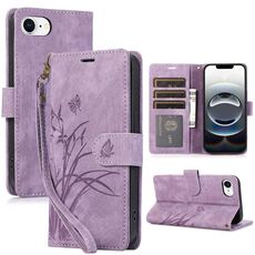 Per iPhone 16e Custodia per telefono in pelle goffrata con farfalla orchidea (viola)