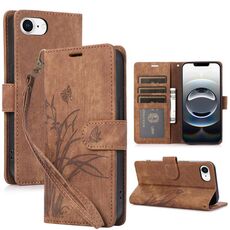 Per iPhone 16e Custodia per telefono in pelle goffrata con farfalla orchidea (marrone)