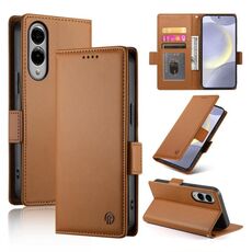 Per Samsung Galaxy S25 Edge 5G Custodia per telefono in pelle smerigliata magnetica con fibbia laterale (marrone)