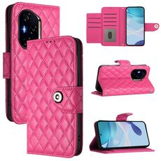 Custodia a libro in pelle con texture rombica per Honor 400 con cordino (rosso rosa)