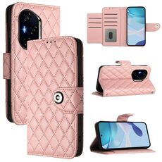 Custodia a libro in pelle con texture rombica per Honor 400 con cordino (rosa corallo)