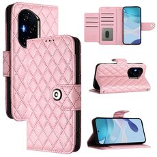 Custodia a libro in pelle con texture rombica per Honor 400 con cordino (rosa)