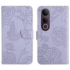 Per vivo V50 Lite 5G HT03 Custodia in pelle con motivo a farfalla in rilievo (viola)