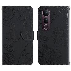 Per vivo V50 Lite 5G HT03 Custodia in pelle con motivo a farfalla in rilievo (nero)