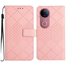Per vivo V50 5G Global Rhombic Grid Texture Custodia in pelle per telefono (rosa)