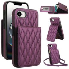Per iPhone 16e YM015 Borsa a tracolla con rombi e porta carte RFID Custodia per telefono (viola scuro)