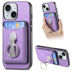 Per iPhone 15 Plus Retro Folding Ring Holder Card Bag MagSafe Custodia per telefono (viola)