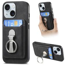 Per iPhone 15 Plus Retro Folding Ring Holder Card Bag MagSafe Custodia per telefono (nero)