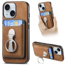 Per iPhone 15 Plus Retro Folding Ring Holder Card Bag MagSafe Custodia per telefono (marrone)