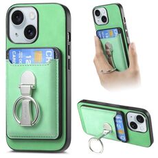 Per iPhone 15 Plus Retro Folding Ring Holder Card Bag MagSafe Custodia per telefono (verde)