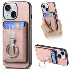 Per iPhone 15 Plus Retro Folding Ring Holder Card Bag MagSafe Custodia per telefono (rosa)