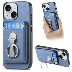 Per iPhone 15 Plus Retro Folding Ring Holder Card Bag MagSafe Custodia per telefono (blu)
