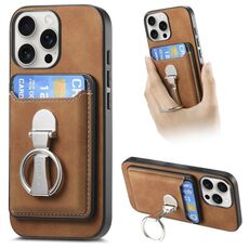 Per iPhone 15 Pro Retro Folding Ring Holder Card Bag MagSafe Custodia per telefono (marrone)