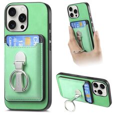 Per iPhone 15 Pro Retro Folding Ring Holder Card Bag MagSafe Custodia per telefono (verde)