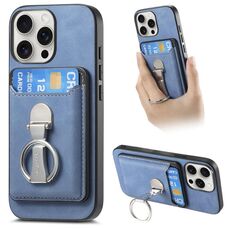 Per iPhone 15 Pro Retro Folding Ring Holder Card Bag MagSafe Custodia per telefono (blu)