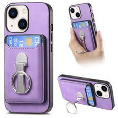 Per iPhone 14 Retro Folding Ring Holder Card Bag MagSafe Custodia per telefono (viola)