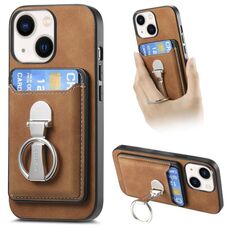 Per iPhone 14 Retro Folding Ring Holder Card Bag MagSafe Custodia per telefono (marrone)