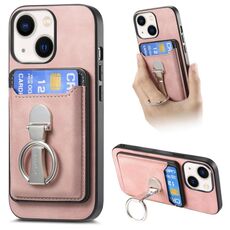 Per iPhone 14 Retro Folding Ring Holder Card Bag MagSafe Custodia per telefono (rosa)