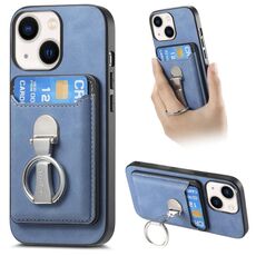 Per iPhone 14 Retro Folding Ring Holder Card Bag MagSafe Custodia per telefono (blu)