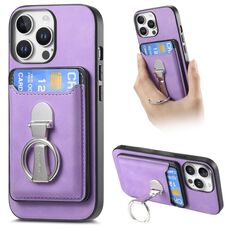 Per iPhone 14 Pro Max Retro Folding Ring Holder Card Bag MagSafe Custodia per telefono (viola)