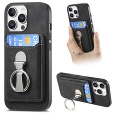 Per iPhone 14 Pro Max Retro Folding Ring Holder Card Bag MagSafe Custodia per telefono (nero)