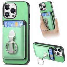 Per iPhone 14 Pro Max Retro Folding Ring Holder Card Bag MagSafe Custodia per telefono (verde)