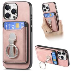 Per iPhone 14 Pro Max Retro Folding Ring Holder Card Bag MagSafe Custodia per telefono (rosa)