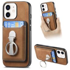 Per iPhone 11 Retro Folding Ring Holder Card Bag MagSafe Custodia per telefono (marrone)