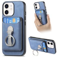 Per iPhone 11 Retro Folding Ring Holder Card Bag MagSafe Custodia per telefono (blu)