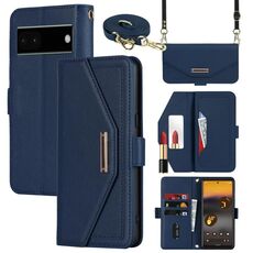 Per Google Pixel 6a Custodia per telefono in pelle con cordino a tracolla con texture incrociata (blu)