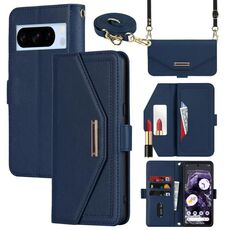Per Google Pixel 8 Pro Custodia per telefono in pelle con cordino a tracolla con texture incrociata (blu)