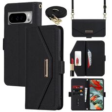 Per Google Pixel 9 / 9 Pro Custodia per telefono in pelle con cordino a tracolla con texture incrociata (nero)