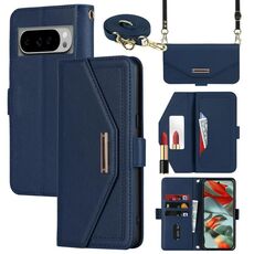 Per Google Pixel 9 / 9 Pro Custodia per telefono in pelle con cordino a tracolla con texture incrociata (blu)