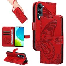 Custodia in pelle goffrata con motivo a farfalla a coda di rondine per vivo Y29S 5G / Y04 (rossa)