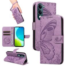 Custodia in pelle goffrata con motivo a farfalla a coda di rondine per vivo Y29S 5G / Y04 (viola)