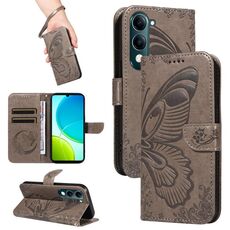Custodia in pelle goffrata con motivo a farfalla a coda di rondine per vivo Y29S 5G / Y04 (grigio)