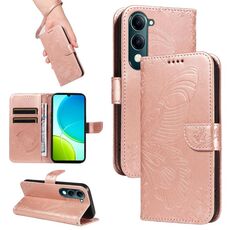 Custodia in pelle goffrata con motivo a farfalla a coda di rondine per vivo Y29S 5G / Y04 (oro rosa)