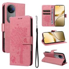 Per vivo V50 5G Custodia per telefono in pelle con motivo a rilievo albero e gatto globale (rosa)