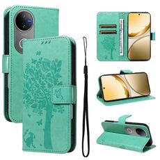 Per vivo V50 5G Custodia per telefono in pelle con motivo a rilievo albero e gatto globale (verde)