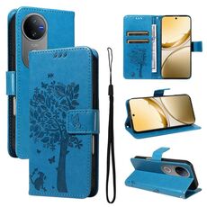 Per vivo V50 5G Custodia per telefono in pelle con motivo a rilievo albero e gatto globale (blu)