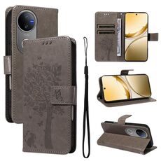 Per vivo V50 5G Custodia per telefono in pelle con motivo in rilievo albero e gatto globale (grigio)