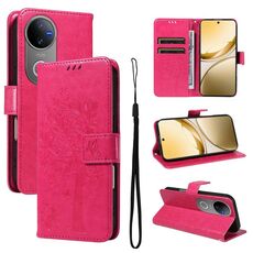 Per vivo V50 5G Custodia per telefono in pelle con motivo a rilievo albero e gatto globale (rosso rosa)