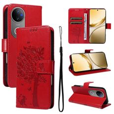 Per vivo V50 5G Custodia per telefono in pelle con motivo a rilievo albero e gatto globale (rosso)