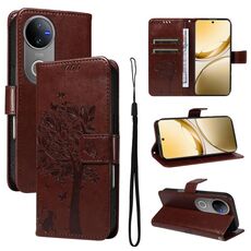 Per vivo V50 5G Custodia per telefono in pelle con motivo a rilievo albero e gatto globale (caffè)